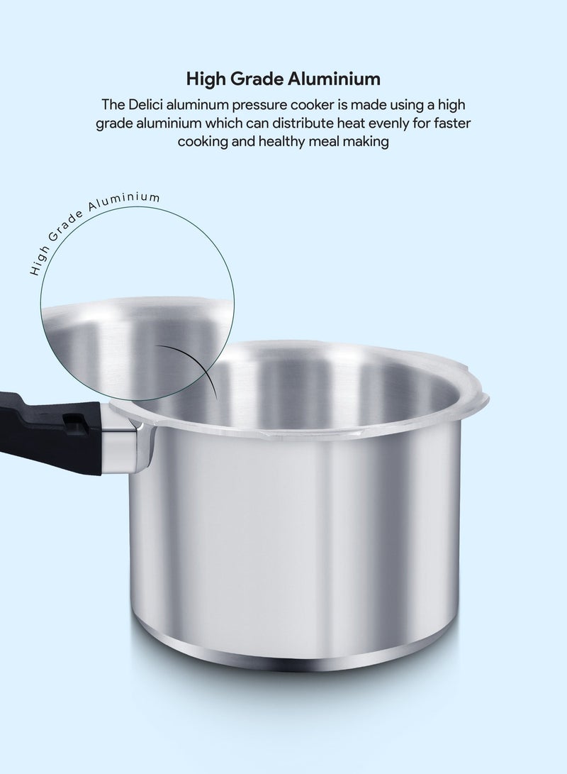 ديليتشي 3لترات قدر ضغط ألومنيوم بسعة 3 لتر، مانع للتسرب - مصنوع من الألومنيوم النقي عالي الجودة، نظام ذكي للتحكم في الانسكاب، تسخين حراري عالي الكفاءة، منظم جودة، غطاء محكم الإغلاق، مقبض مقاوم للحرارة، قاعدة مقاومة للانتفاخ، مثالي لتحضير الطعام في المطبخ - ADPC3E None - Image 3